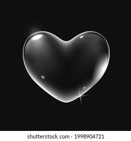 Realistic transparent white vector soap bubble shaped as heart. Glossy romantic soapy heart. Valentine day symbol. Black background.