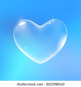 Realistic transparent white vector soap bubble shaped as heart. Romantic glossy soapy heart. Valentine day symbol. Blue background.