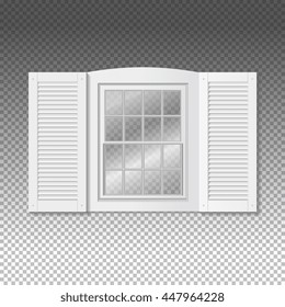 Realistic Transparent Window. Front View. White Frame and blinds shutters.
