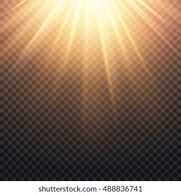 Realistic Transparent Yellow Sun Rays, Warm Orange Flare Effect Isolated On Checkered Background. Sunshine From Star, Sunbeam Bright Illustration