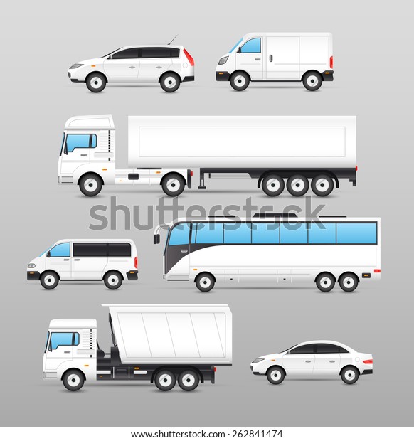 Realistic transport icons set with car van\
bus truck isolated vector\
illustration