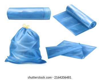 Realistic trash bag. 3D garbage sack for dustbin, mockup plastic waste sacks kitchen refuse bagging polyethylene rolls tie bags filling biodegradable junk, tidy vector illustration of sack