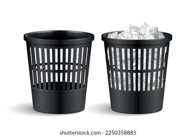 Realistic trash bucket paper set with isolated views of plastic office trash bins filled with paper vector illustration