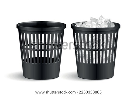 Realistic trash bucket paper set with isolated views of plastic office trash bins filled with paper vector illustration