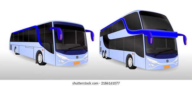 Realistic Travel Bus Front Back Top View  With Simple Colors Gradients, Illustration Passengers Bus Side View. Double Decker Bus.
