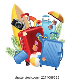 Realistic travel horizontal banner suitcases beach umbrellas and other attributes of tourism gathered together vector illustration