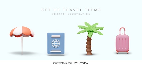 Realistic travel items in vertical position. Beach umbrella, passport, palm tree, suitcase. Vacation in tropical country. Color illustrations for creative design