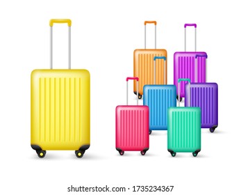 Realistic travel luggage collection. Plastic bag in different colors isolated on white background. Vector illustration.