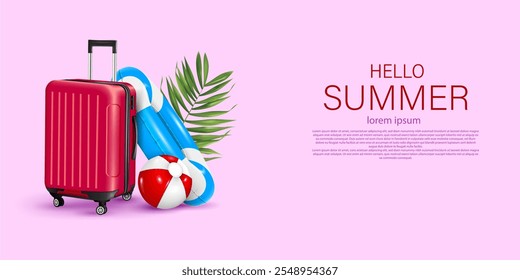 bagagem de viagem realista, bola de praia, anel de natação e palma folhas decorativo hello verão publicidade banner vetor ilustração.