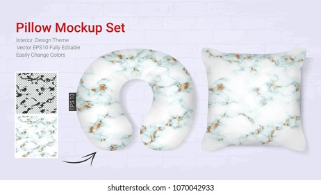 Realistic travel neck pillows mockup template and cover cushion case, Printable graphic for Home decorative theme design with marble golden texture (Vector set template, Fully editable color change) 