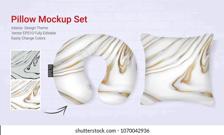 Realistic travel neck pillows mockup template and cover cushion case, Printable graphic for Home decorative theme design with marble golden texture (Vector set template, Fully editable color change) 