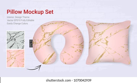 Realistic travel neck pillows mockup template and cover cushion case, Printable graphic for Home decorative theme design with marble golden texture (Vector set template, Fully editable color change) 