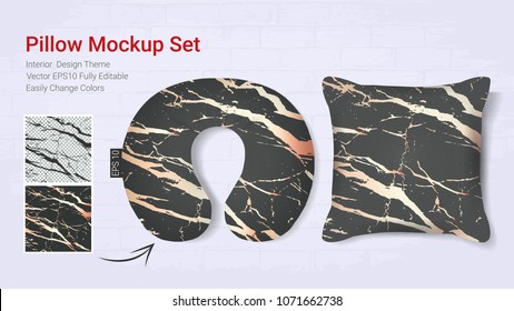 Realistic travel neck pillows mockup template and cover cushion case, Printable graphic for Home decorative theme design with marble golden texture (Vector set template, Fully editable color change) 