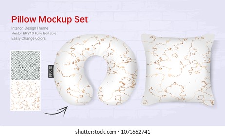 Realistic travel neck pillows mockup template and cover cushion case, Printable graphic for Home decorative theme design with marble golden texture (Vector set template, Fully editable color change) 