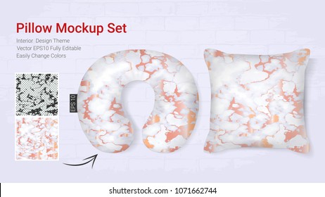 Mostrador de almohadas de cuello de viaje realista y funda de cojín, Gráficos impresos para el diseño decorativo del hogar con textura dorada de mármol (Modelo de conjunto de vectores, Cambio de color totalmente editable) 