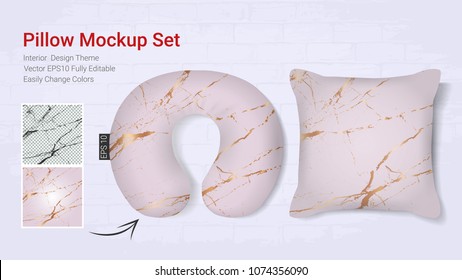 Realistic travel neck pillows mockup template and cover cushion case, Printable graphic for Home decorative theme design with marble golden texture (Vector set template, Fully editable color change) 