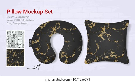 Realistic travel neck pillows mockup template and cover cushion case, Printable graphic for Home decorative theme design with marble golden texture (Vector set template, Fully editable color change) 