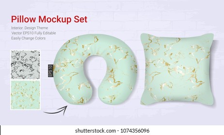 Realistic travel neck pillows mockup template and cover cushion case, Printable graphic for Home decorative theme design with marble golden texture (Vector set template, Fully editable color change) 