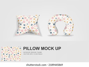 Modelación de almohadas de cuello de viaje realista y funda de cojín de cubierta, Gráfica imprimible para el diseño del tema decorativo del hogar (plantilla de conjunto de vectores, cambio de color totalmente editable)