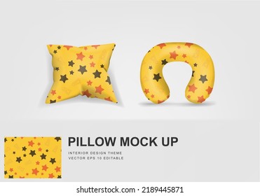 Modelación de almohadas de cuello de viaje realista y funda de cojín de cubierta, Gráfica imprimible para el diseño del tema decorativo del hogar (plantilla de conjunto de vectores, cambio de color totalmente editable)