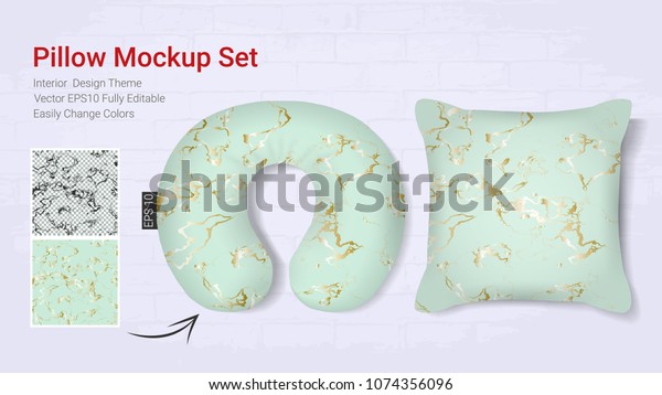 Realistic travel neck pillows mockup template and cover\
cushion case, Printable graphic for Home decorative theme design\
with marble golden texture (Vector set template, Fully editable\
color change) 