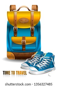 Realistic travel yellow-blue backpack with brown leather elements and blue sport shoes, sneakers. Vector illustration