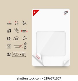 Realistic tray container mockup with icons set. Vector illustration. Set for your package, shows the place of opening. Great to promote your product. EPS10.