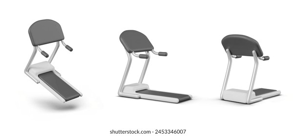 Realistic treadmill in different positions. Modern sports equipment with nobody