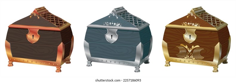 Realistic treasure chest for games in vector high quality. Isolated on transparent background. Gold, Silver and bronze