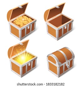 Realistic treasure chest. Wooden 3d antique pirate chest, closed and opened vintage wood treasure chest isolated vector illustration icons set. Golden sparkling coins in box, shining light