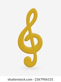 Realistic treble clef on white background. Yellow beautiful musical symbol. Golden violin key concept. Music concept. Colorful vector illustration in 3d style