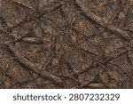Realistic tree bark and autumn leaves hunting camouflage seamless pattern. Forest timber tactical background texture.