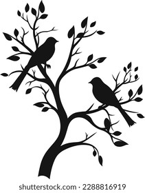 realistic tree branch with leaves and two birds, in black color, on white background. Wall sticker