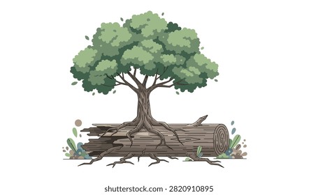 Realistic tree with green leaves and visible roots sitting on top of a fallen decaying wooden log.