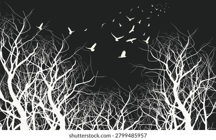 Realistic tree silhouette with flying birds. Winter trees and bird, Winter tree panorama with eagle silhouette, flying bird silhouette..eps