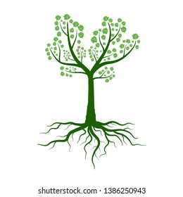 Realistic tree silhouette vector illustration with roots and leaves isolated on white background for design element and decoration
