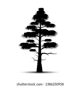 Realistic tree silhouette vector illustration with roots and leaves isolated on white background for design element and decoration