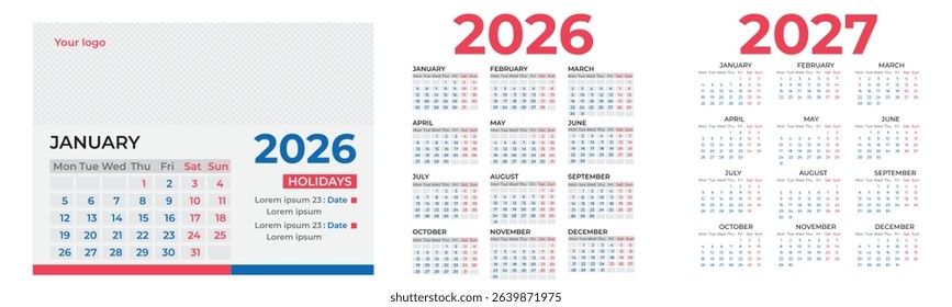 Realistic and Trending vector calendar design 2026, 2027 year. Calendar vector set template design for 2026 and 2027 year. Monthly calendar layout for 2026 and 2027 year and week start on Monday