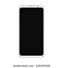 Realistic trendy white smartphone mockup with blank black screen isolated on white background. For any user interface test or presentation.