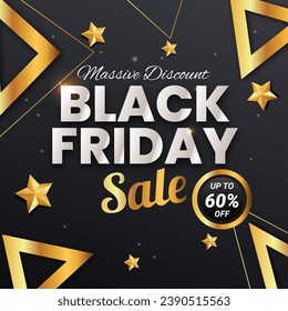 Realistic Triangle Black Friday Sale With Discount Up to 60% off. Vector illustration. Special Sale. Limited Offer. Massive Discount.