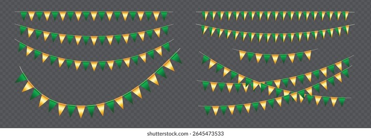 Realistic Triangle Bunting flags set, Green and Gold vector pennants hanging on the rope, colorful flag garland for party and holiday decorations