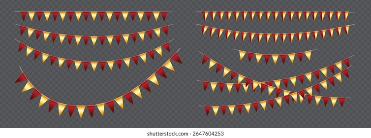 Realistic Triangle Bunting flags set, Red and Gold vector pennants hanging on the rope, colorful flag garland for party and holiday decorations