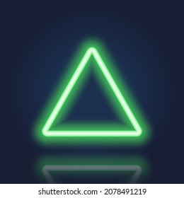 Realistic Triangle Neon Banner with Glowing Border on Dark Background. Green Neon Frame with Reflection Effect. Electric Light Triangle. Isolated Vector Illustration.