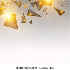 realistic triangles and golden light effects. 3D effect.motion of flying triangles. Vector illustration.For cover book, brochure, flyer, poster, magazine, cd cover design.