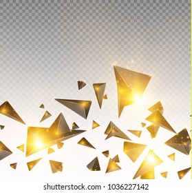 realistic triangles and golden light effects. 3D effect.motion of flying triangles. Vector illustration.For cover book, brochure, flyer, poster, magazine, cd cover design.