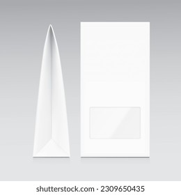 Realistic triangular cardboard box mockup. Vector illustration. Front and side view. Can be use for food, chocolate, snack and other. Ready for your presentation. EPS10.