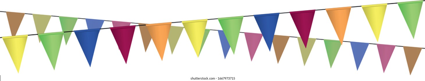 realistic triangular colorful flags on two crossing straight lines, vector of garland isolated on white background