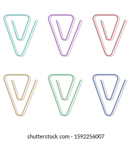 Realistic triangular paper clips. Isolated colored fasteners, school supplies, metal laptop mounts, holders. Vector isolated clips on a white background. EPS 10