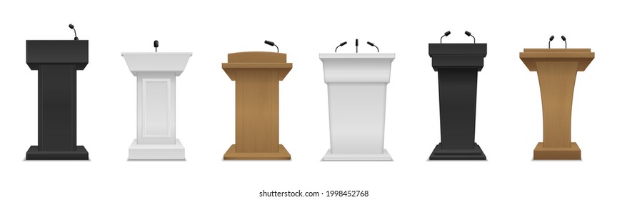 Realistic tribune. Different color and materials podium with microphones. Black white and wooden lecture pedestal, press interview and political debate empty platform vector isolated set