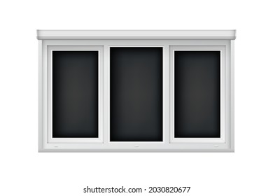 Realistic triple plastic window with open blind. White roller shutter for glass window. Large open window mockup template for interior decoration design.